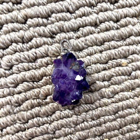 Rough Cut Raw Amethyst Cluster Pendant in Silver Setting - Picture 1 of 5